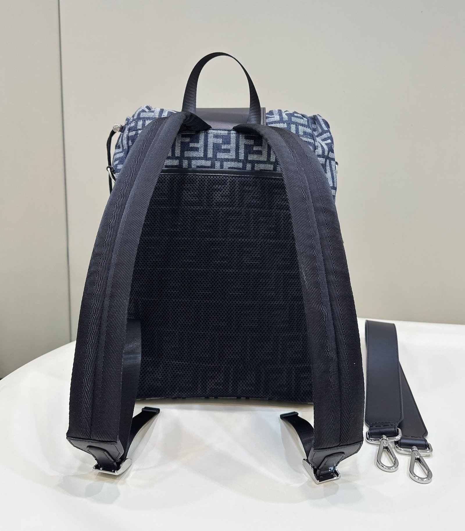 {Style No: P1EKC8P2} FENDI STRIKE 41 MEDIUM FF MIDNIGHT BLUE JACQUARD FABRIC BACKPACK - Image 3