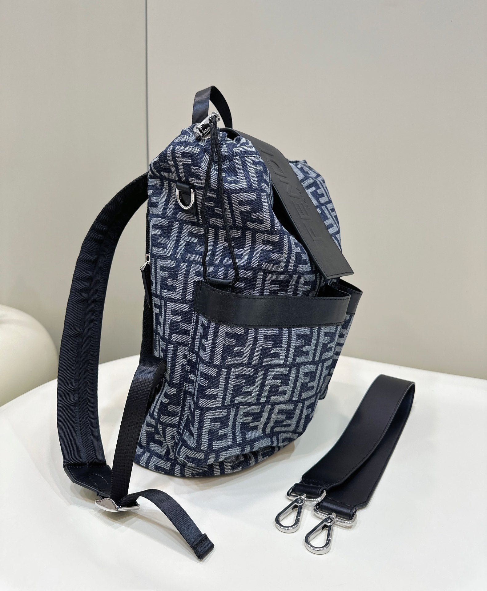 {Style No: P1EKC8P2} FENDI STRIKE 41 MEDIUM FF MIDNIGHT BLUE JACQUARD FABRIC BACKPACK - Image 2