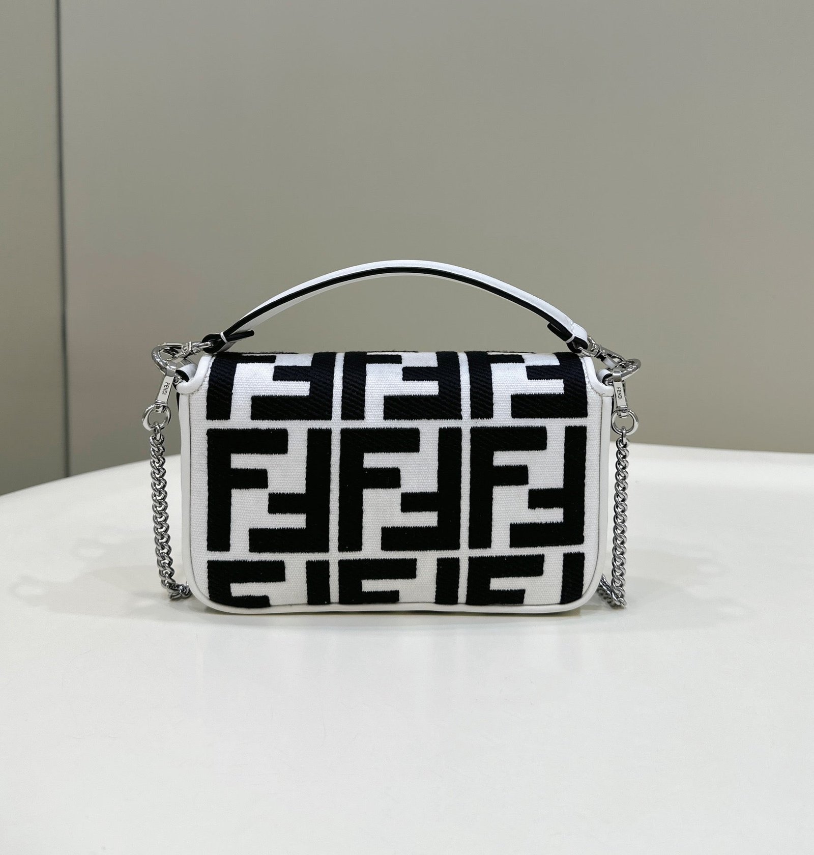 {Style No: 7OGK713Y} FENDI 19 BAGUETTE BAG IN BLACK MIX WHITE CANVAS WITH GOLD HARDWARE - Image 3