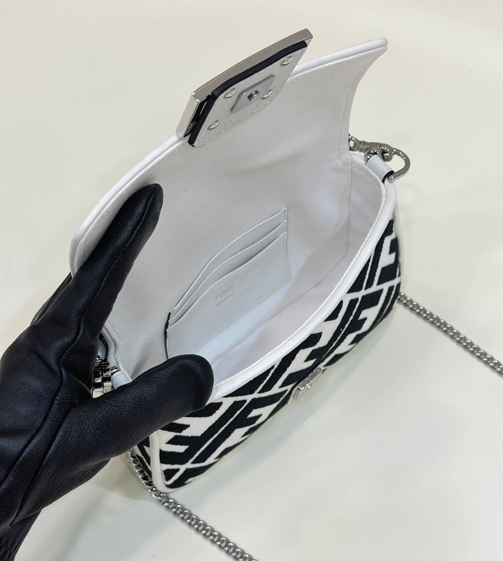 {Style No: 7OGK713Y} FENDI 19 BAGUETTE BAG IN BLACK MIX WHITE CANVAS WITH GOLD HARDWARE - Image 7