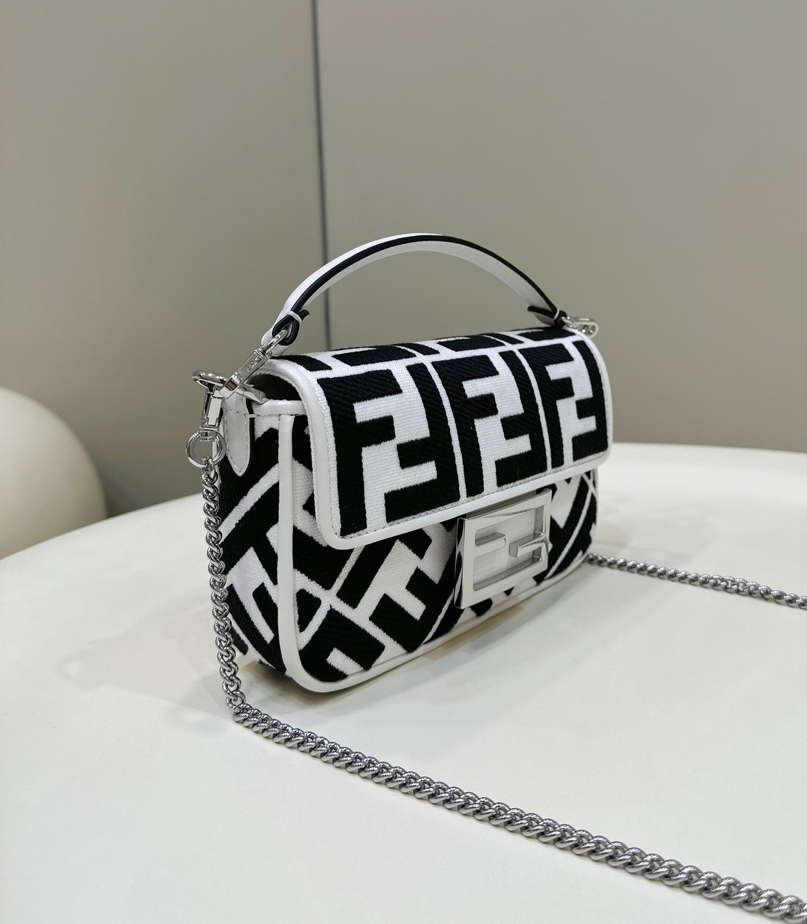 {Style No: 7OGK713Y} FENDI 19 BAGUETTE BAG IN BLACK MIX WHITE CANVAS WITH GOLD HARDWARE - Image 2