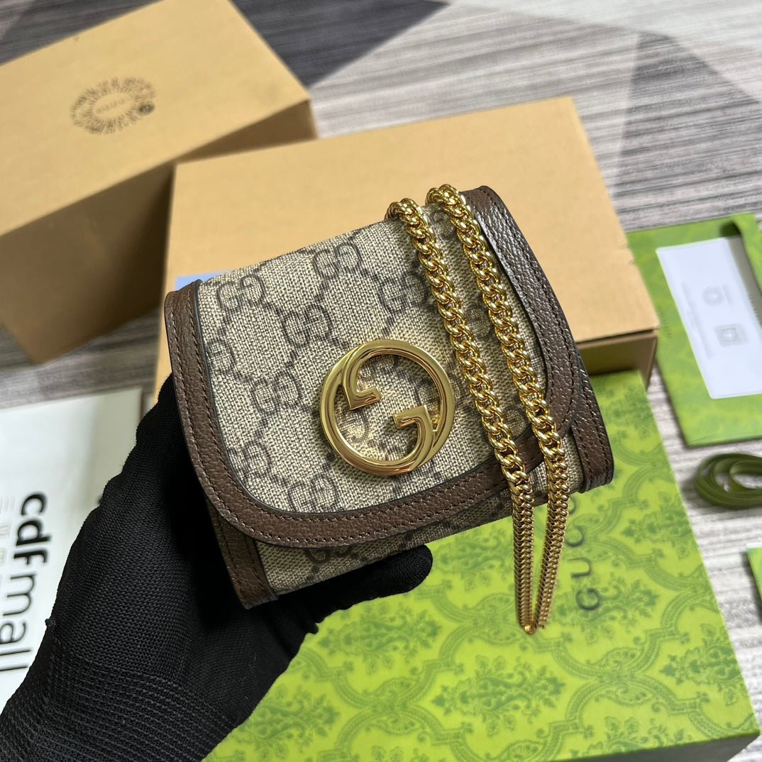 {Style No: HGLZV6G5} BLONDIE INTERLOCK MINI SHOULDER BAG 12 IN BEIGE CANVAS AND DARK BROWN CALFSKIN TRIM - Image 9
