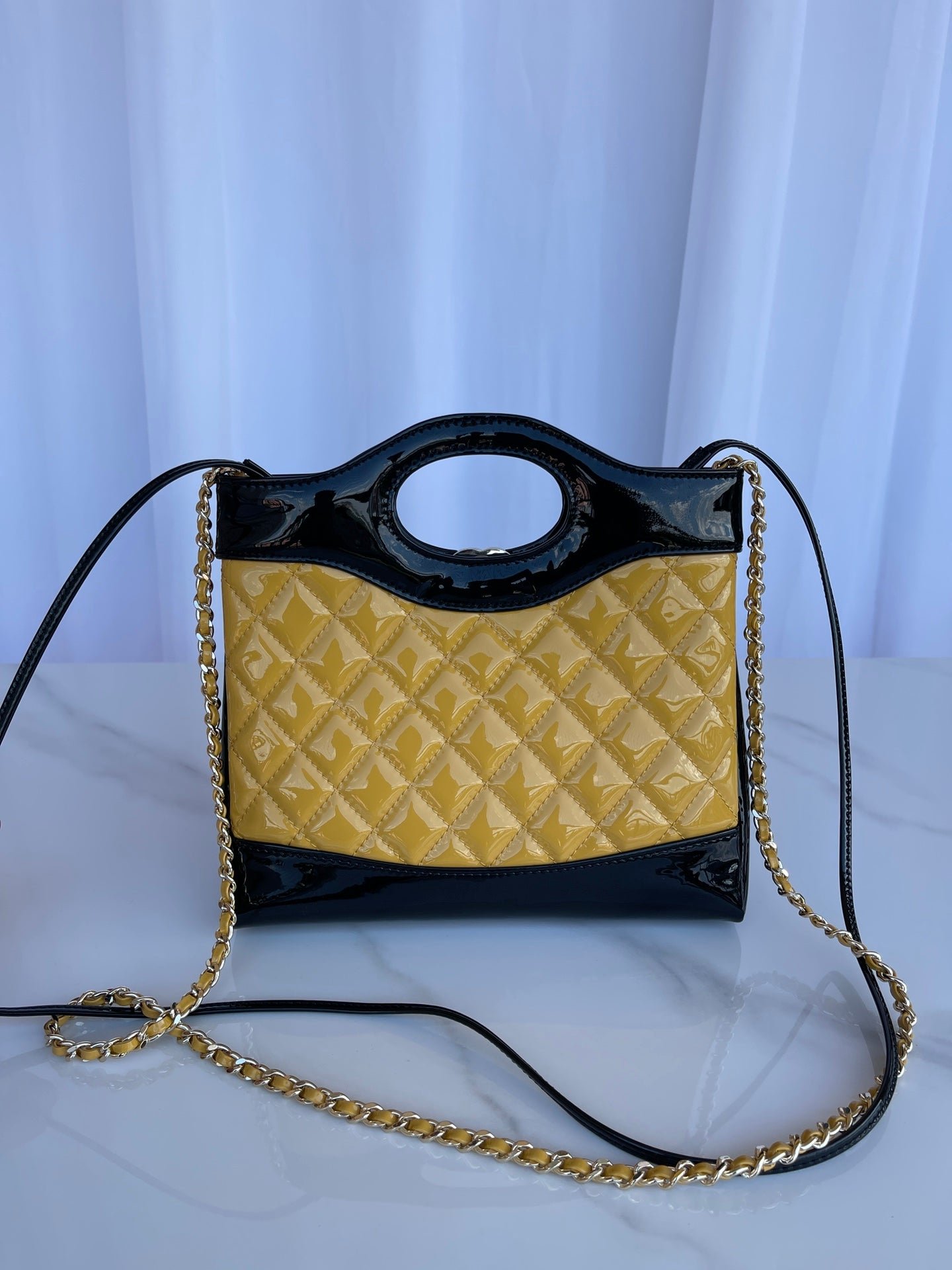 {Style No: A3642CRI} CC MINI 23 SHOPPING BAG IN GLOSSY BLACK MIX MUSTARD YELLOW CALFSKIN - Image 2