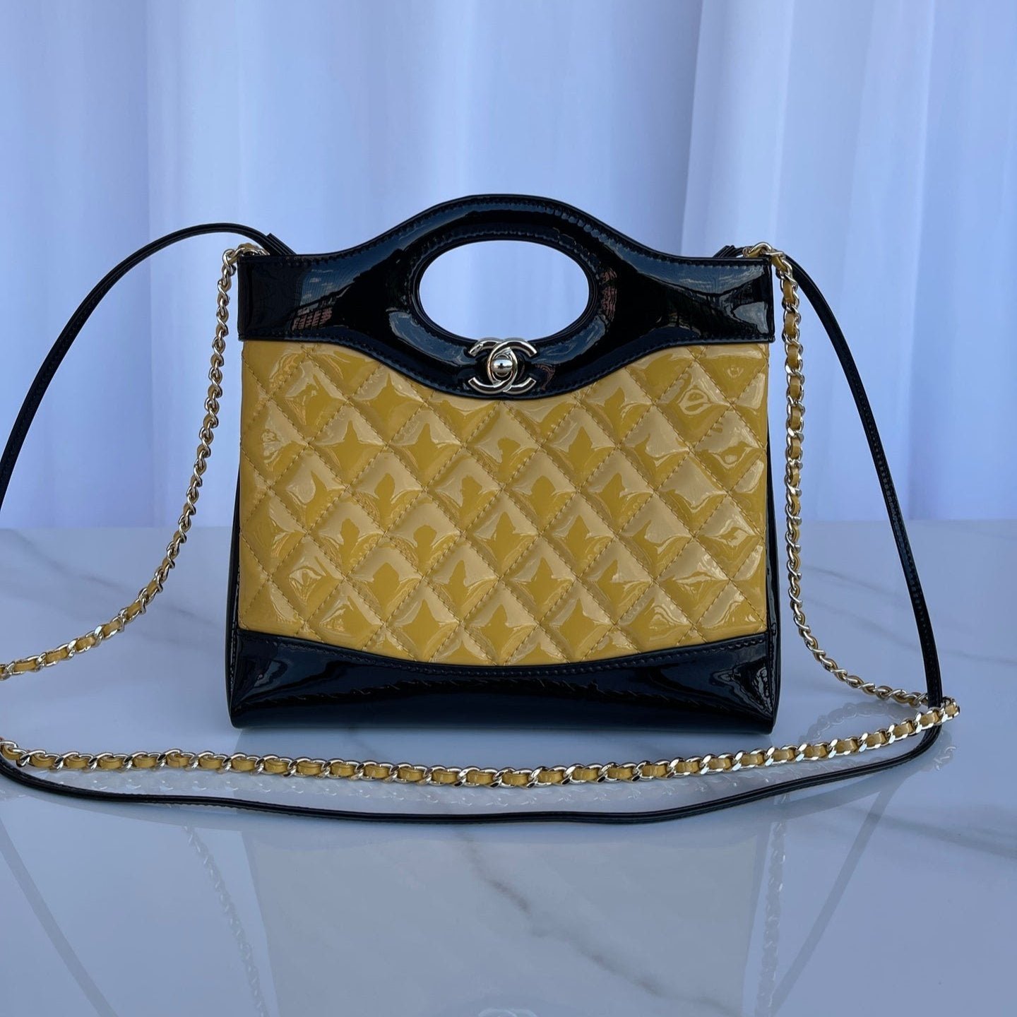 {Style No: A3642CRI} CC MINI 23 SHOPPING BAG IN GLOSSY BLACK MIX MUSTARD YELLOW CALFSKIN