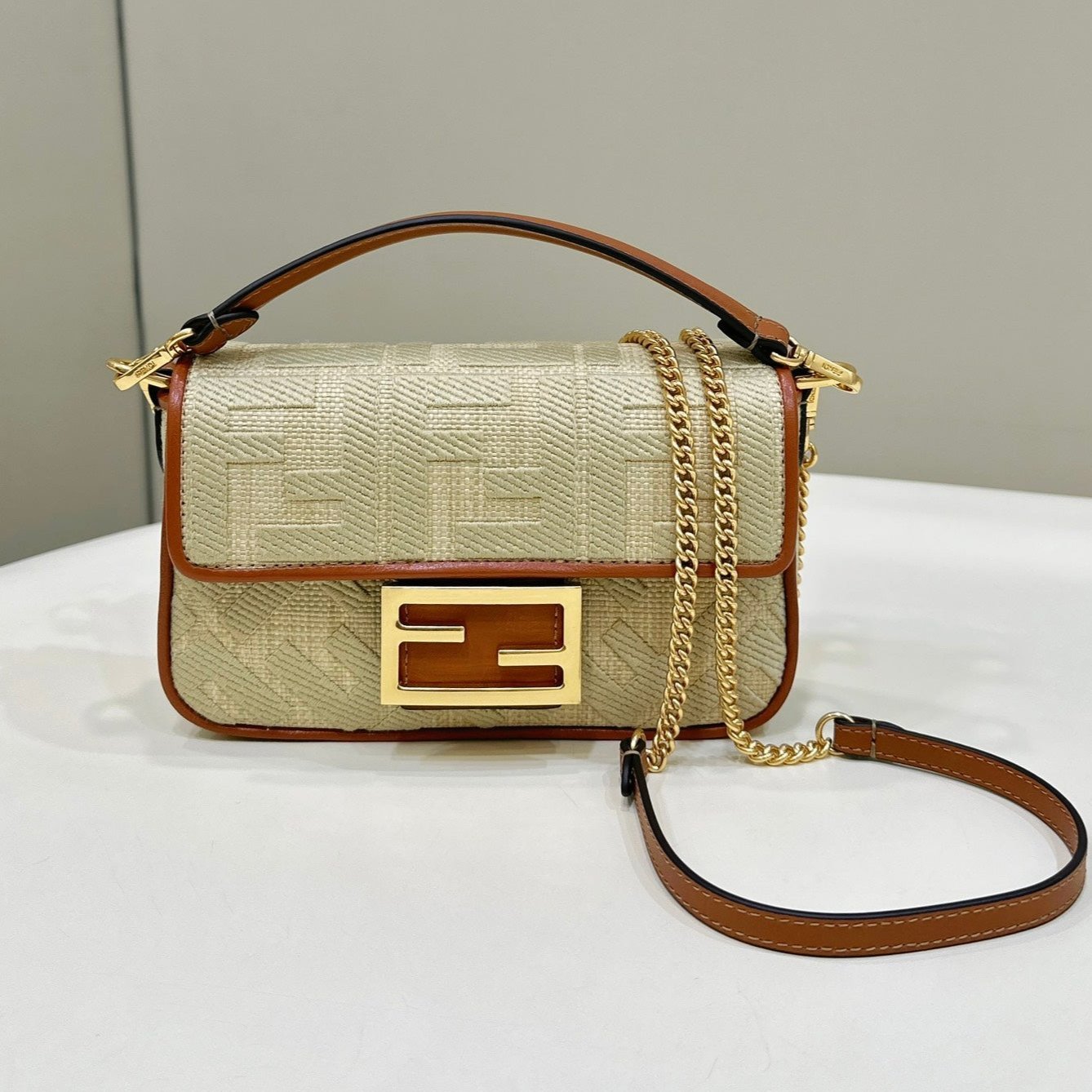 {Style No: ID8H3WI2} FENDI 19 BAGUETTE BAG IN FLAX YELLOW CANVAS WITH GOLD HARDWARE