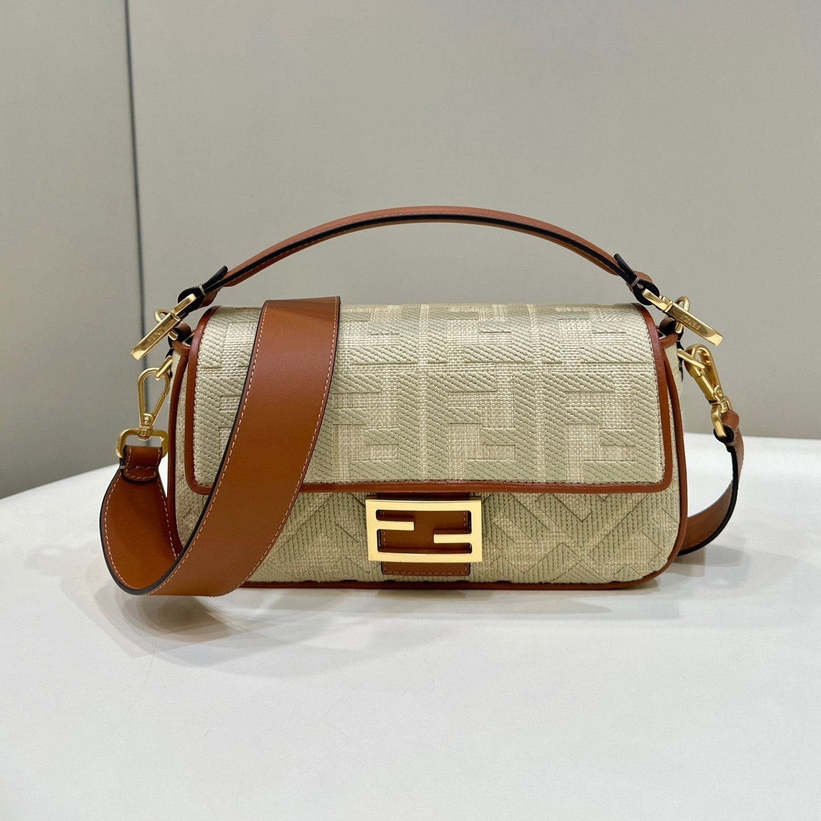 {Style No: 474XHLFW} Fend Baguette Tan Beige Canvas Bag 27 with FF Embroidery Ghw