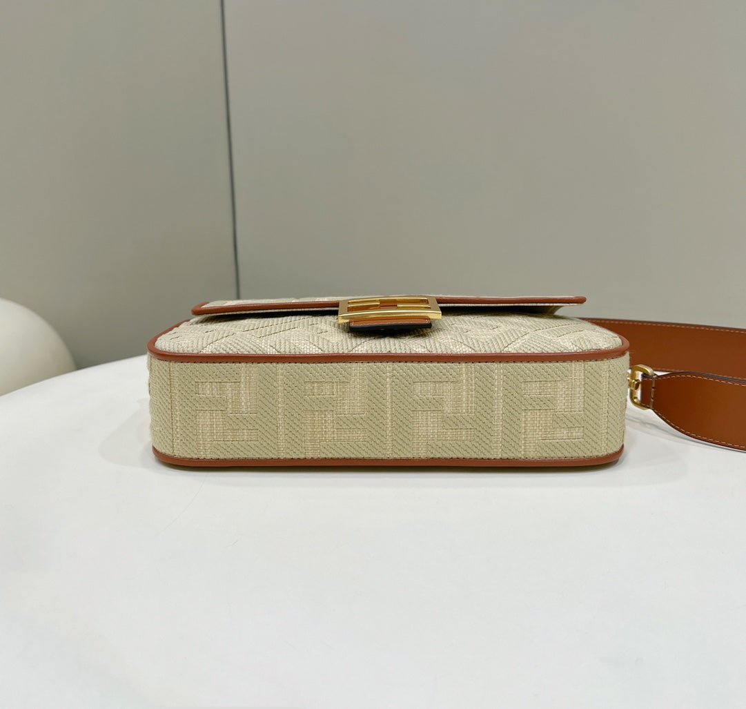 {Style No: 474XHLFW} Fend Baguette Tan Beige Canvas Bag 27 with FF Embroidery Ghw - Image 8