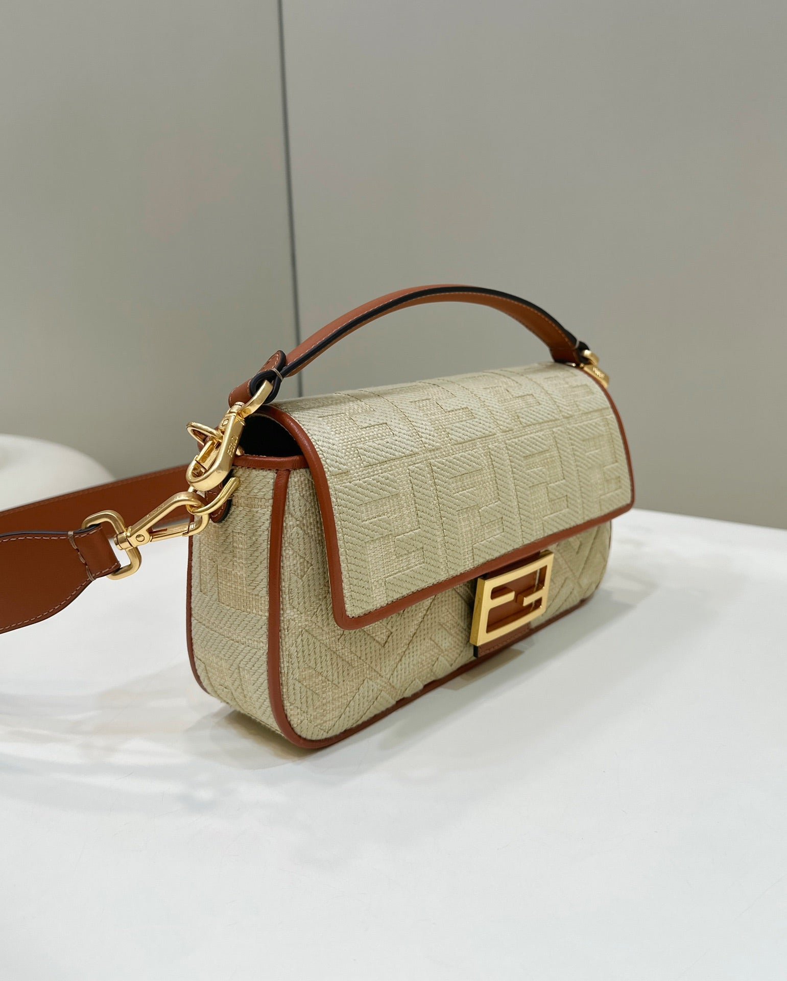 {Style No: 474XHLFW} Fend Baguette Tan Beige Canvas Bag 27 with FF Embroidery Ghw - Image 2