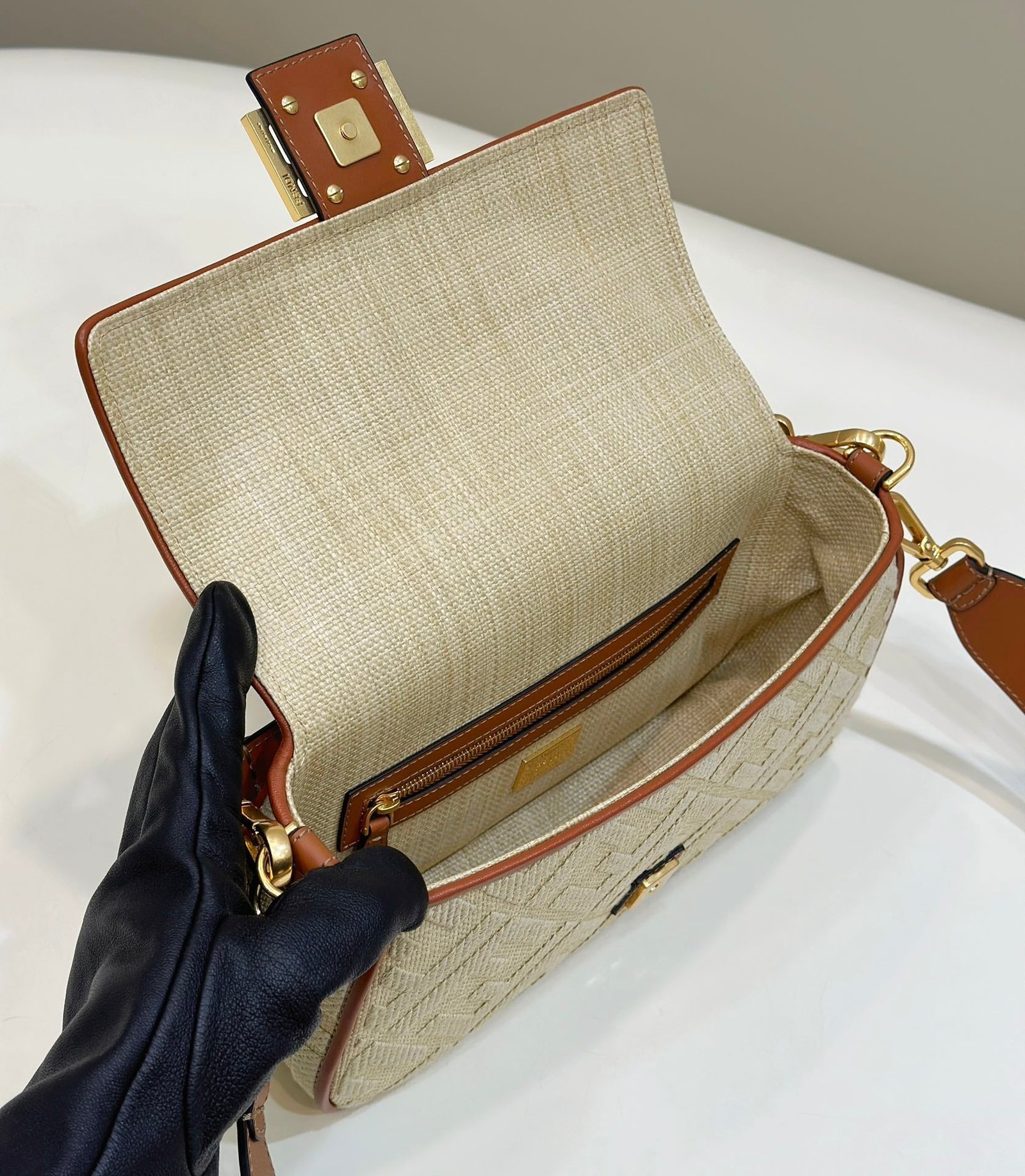 {Style No: 474XHLFW} Fend Baguette Tan Beige Canvas Bag 27 with FF Embroidery Ghw - Image 3