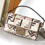 {Style No: QC88VY8U} Fend Baguette White Brown and Multicolour Canvas Bag 27 with FF Embroidery Ghw