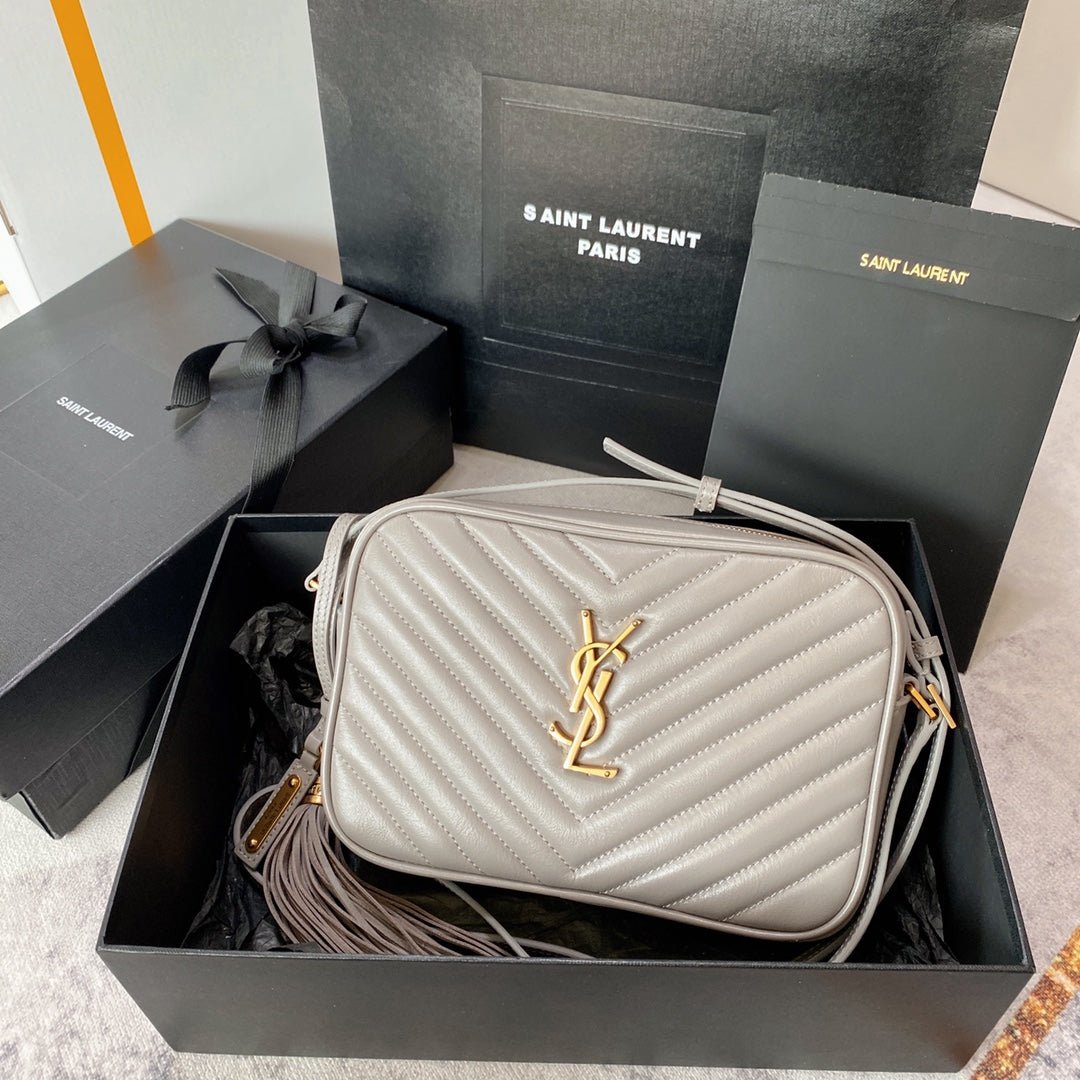 {Style No: 1VGU6ESJ} LOU CAMERA BAG 23 IN LIGHT GRAY CALFSKIN GOLD LOGO