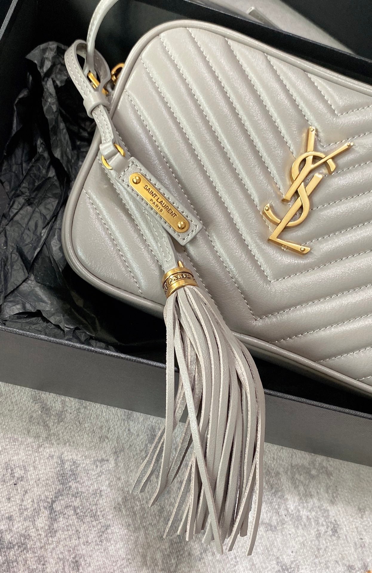 {Style No: 1VGU6ESJ} LOU CAMERA BAG 23 IN LIGHT GRAY CALFSKIN GOLD LOGO - Image 9