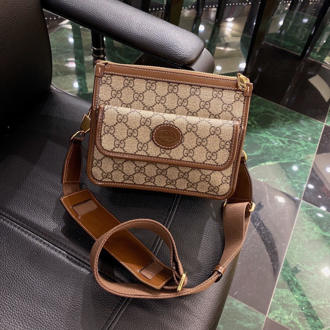 {Style No: TDBDDNNV} GG SMALL 21 CROSSBODY BAG WITH TAG IN BEIGE CANVAS AND BROWN CALFSKIN - Image 3