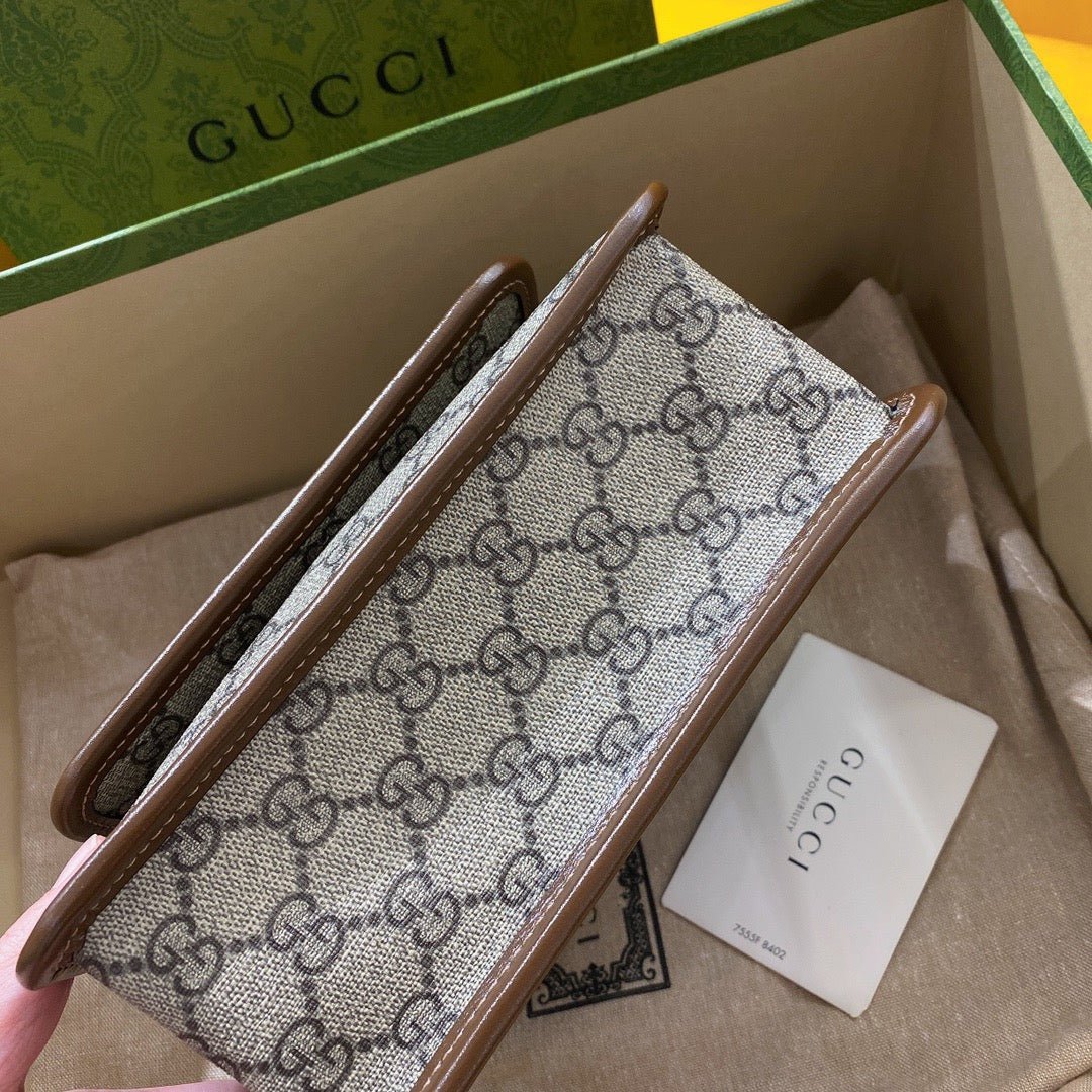 {Style No: TDBDDNNV} GG SMALL 21 CROSSBODY BAG WITH TAG IN BEIGE CANVAS AND BROWN CALFSKIN - Image 8