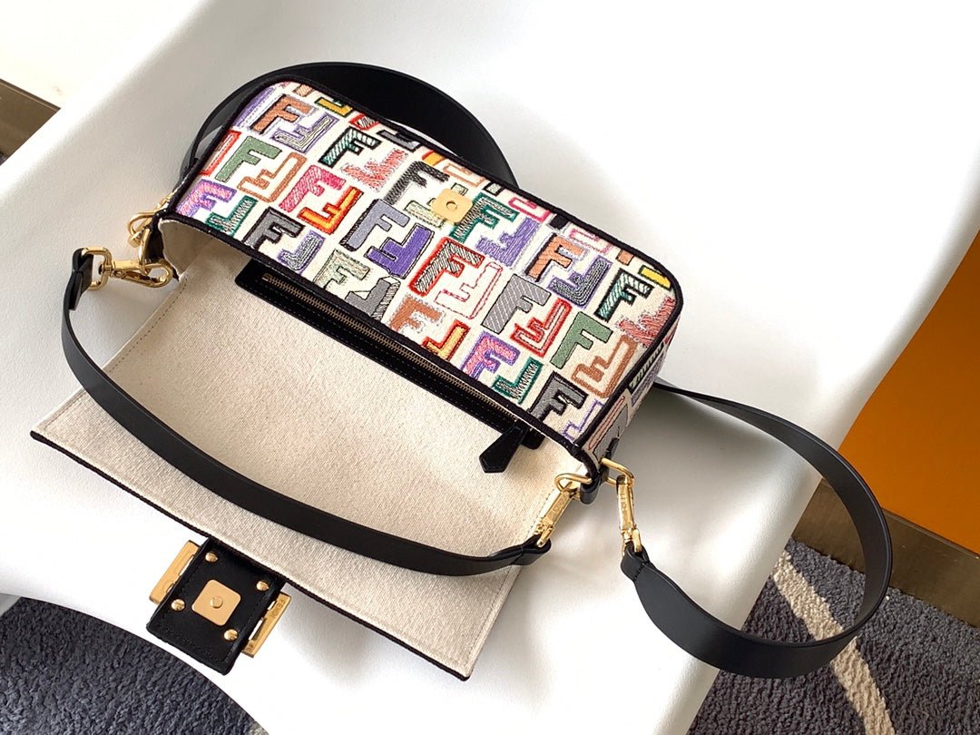 {Style No: Z1RWSOBU} Fend Baguette Black and Multicolour Canvas Bag 27 with FF Embroidery Ghw - Image 8