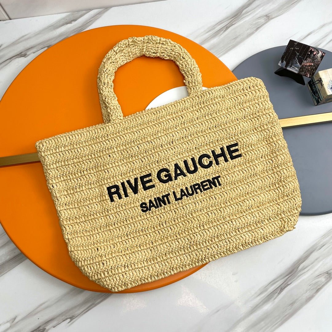 {Style No: XD5PQBVB} RIVE GAUCHE TOTE BAG 38 IN LIGHT YELLOW RAFFIA