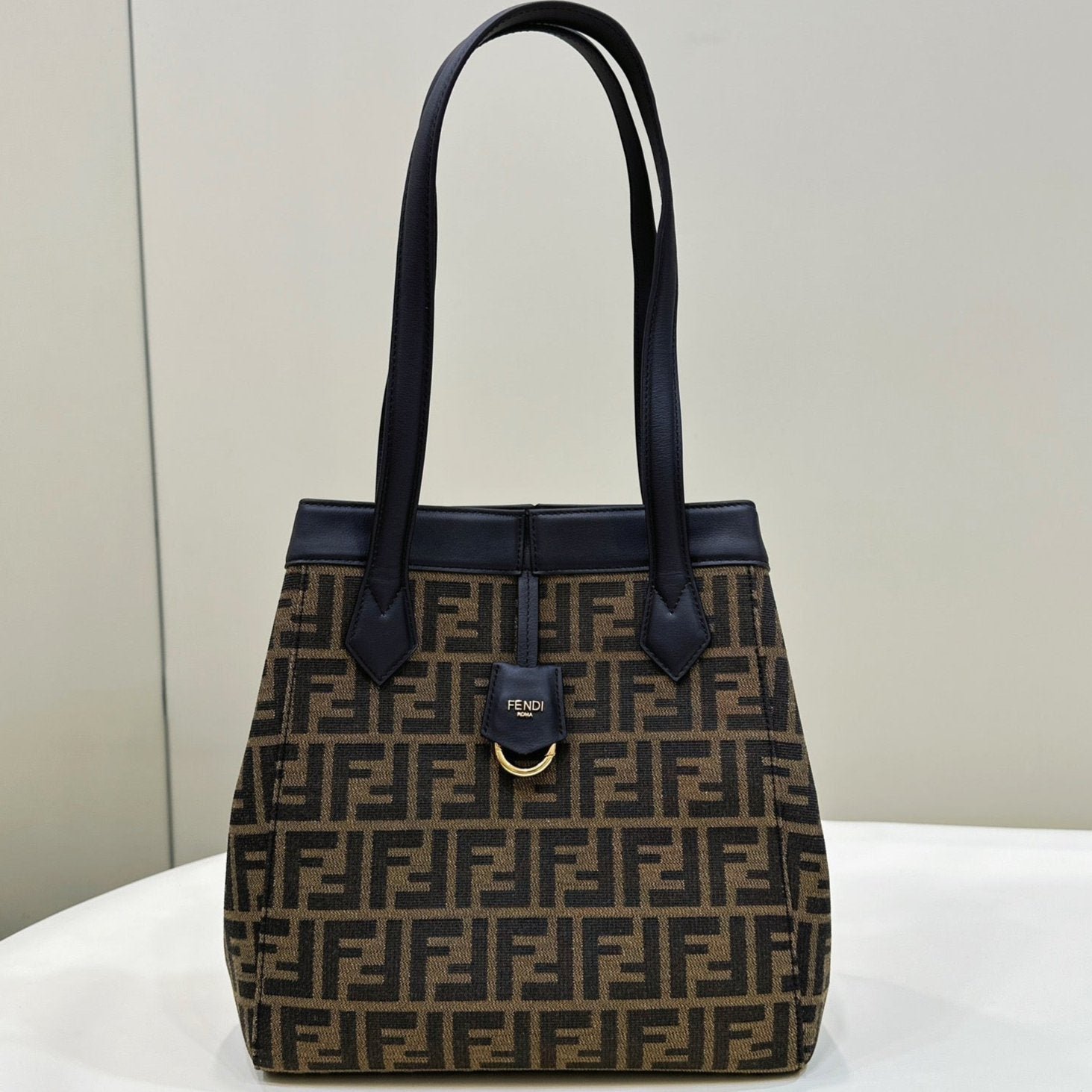 {Style No: ISI685VR} FENDI ORIGAMI MEDIUM 27 BROWN MIX BLACK FF JACQUARD FABRIC BAG