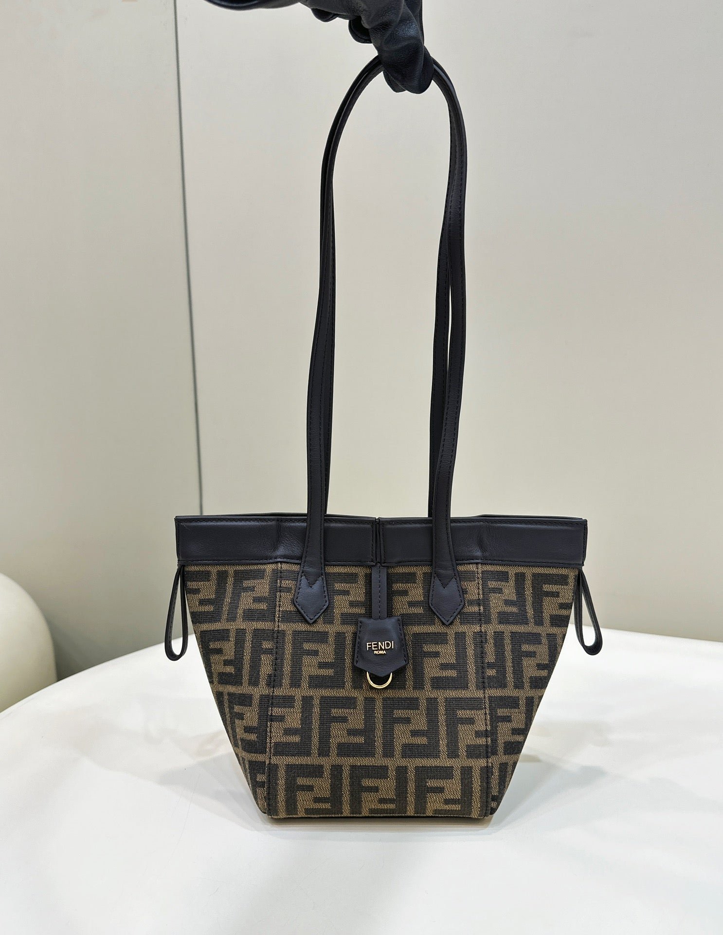 {Style No: LGEGRPCP} FENDI ORIGAMI MINI 19 BROWN MIX BLACK FF JACQUARD FABRIC BAG - Image 2
