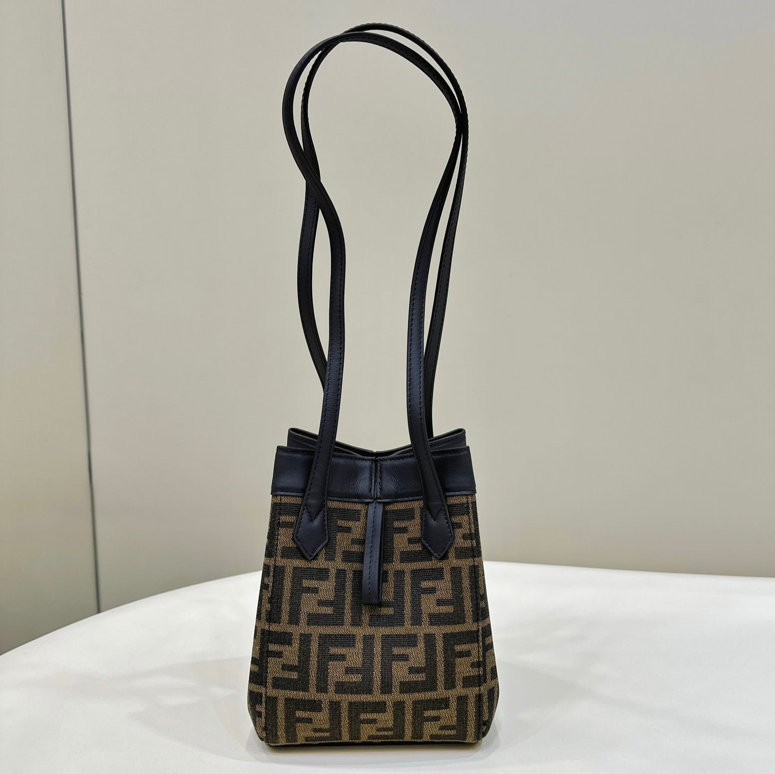 {Style No: LGEGRPCP} FENDI ORIGAMI MINI 19 BROWN MIX BLACK FF JACQUARD FABRIC BAG