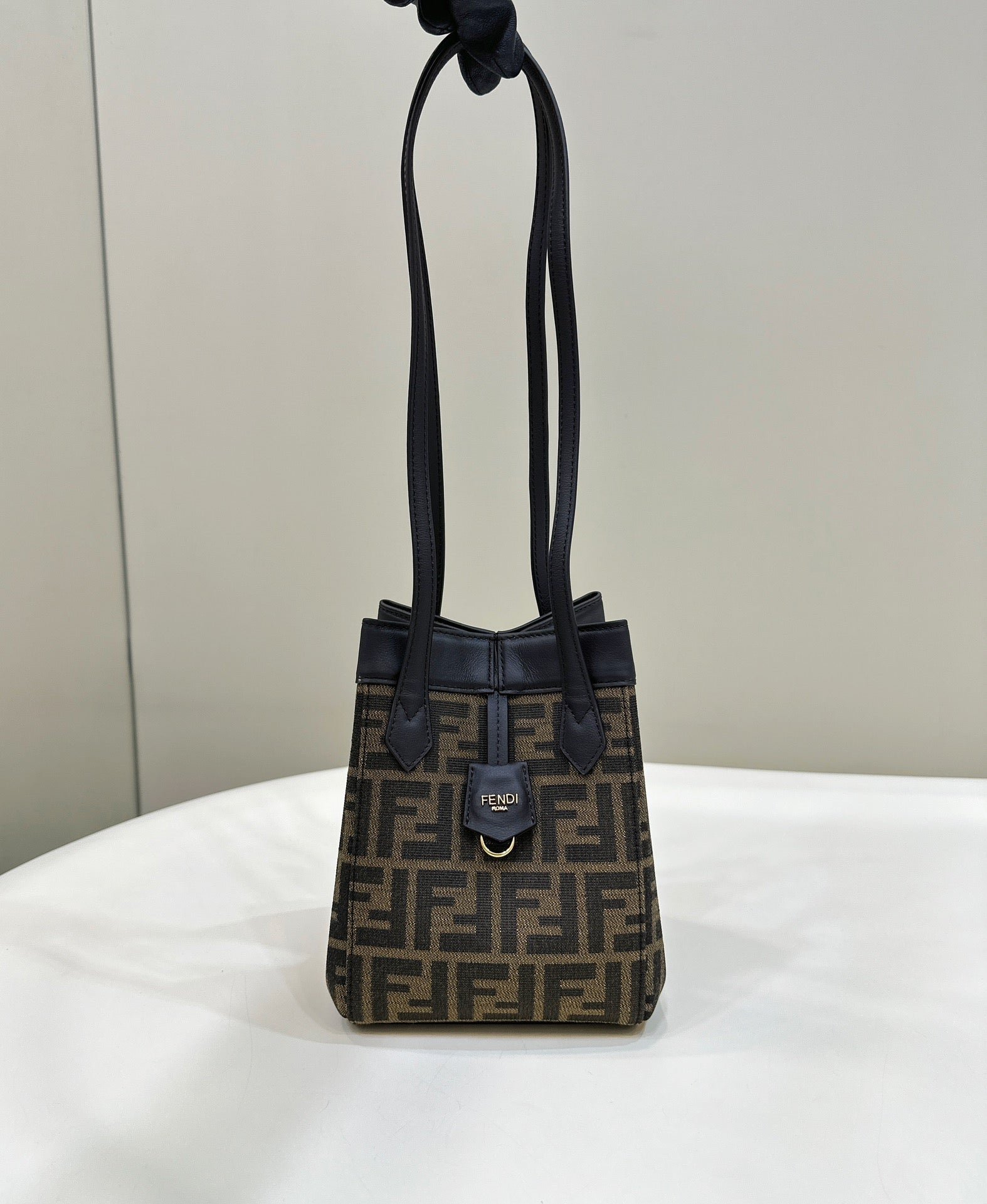 {Style No: LGEGRPCP} FENDI ORIGAMI MINI 19 BROWN MIX BLACK FF JACQUARD FABRIC BAG - Image 3