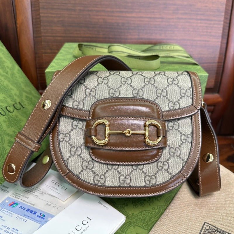 {Style No: BPXHAQWC} GG 18 HORSEBIT 1955 MINI BAG BEIGE CANVAS AND EBONY CALFSKIN