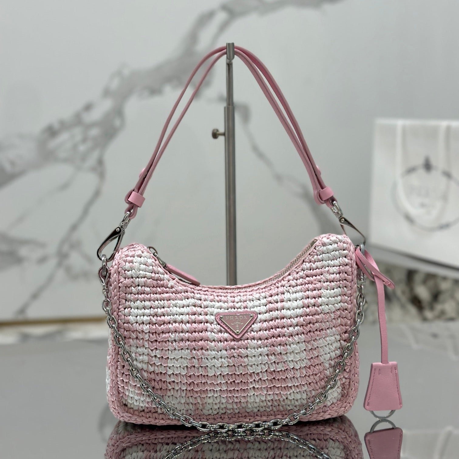 {Style No: KZ6M4WEJ} CROCHET HOBO BAG 22 IN PINK MIX WHITE RAFFIA SILVER HARDWARE