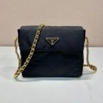 {Style No: X5EK4FRJ} LARGE QUILTED FLAP BAG 23 IN BLACK RE-NYLON FABRIC GOLD CHAIN
