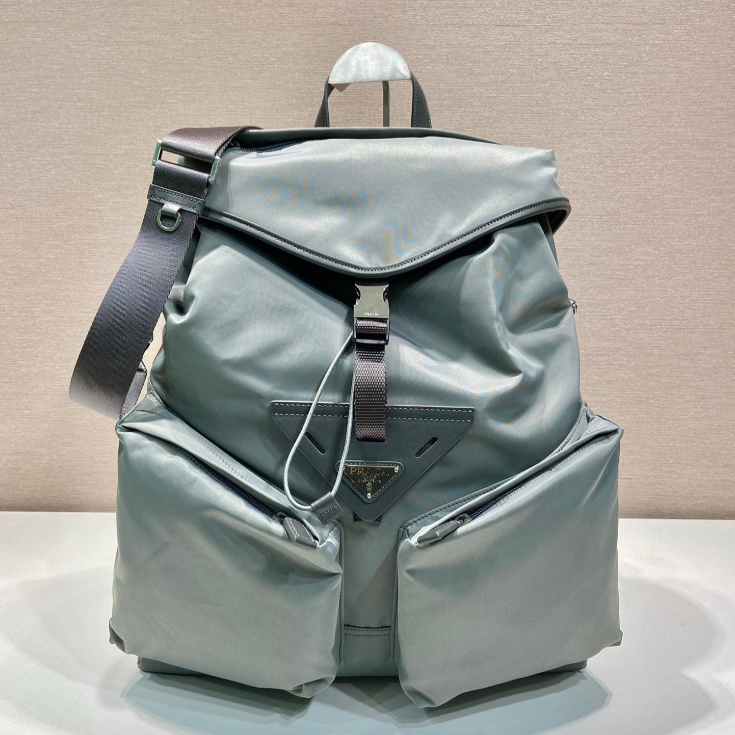 {Style No: 6EV2DW3B} TRIANGLE LOGO BACKPACK 45 IN ASH GRAY RE-NYLON