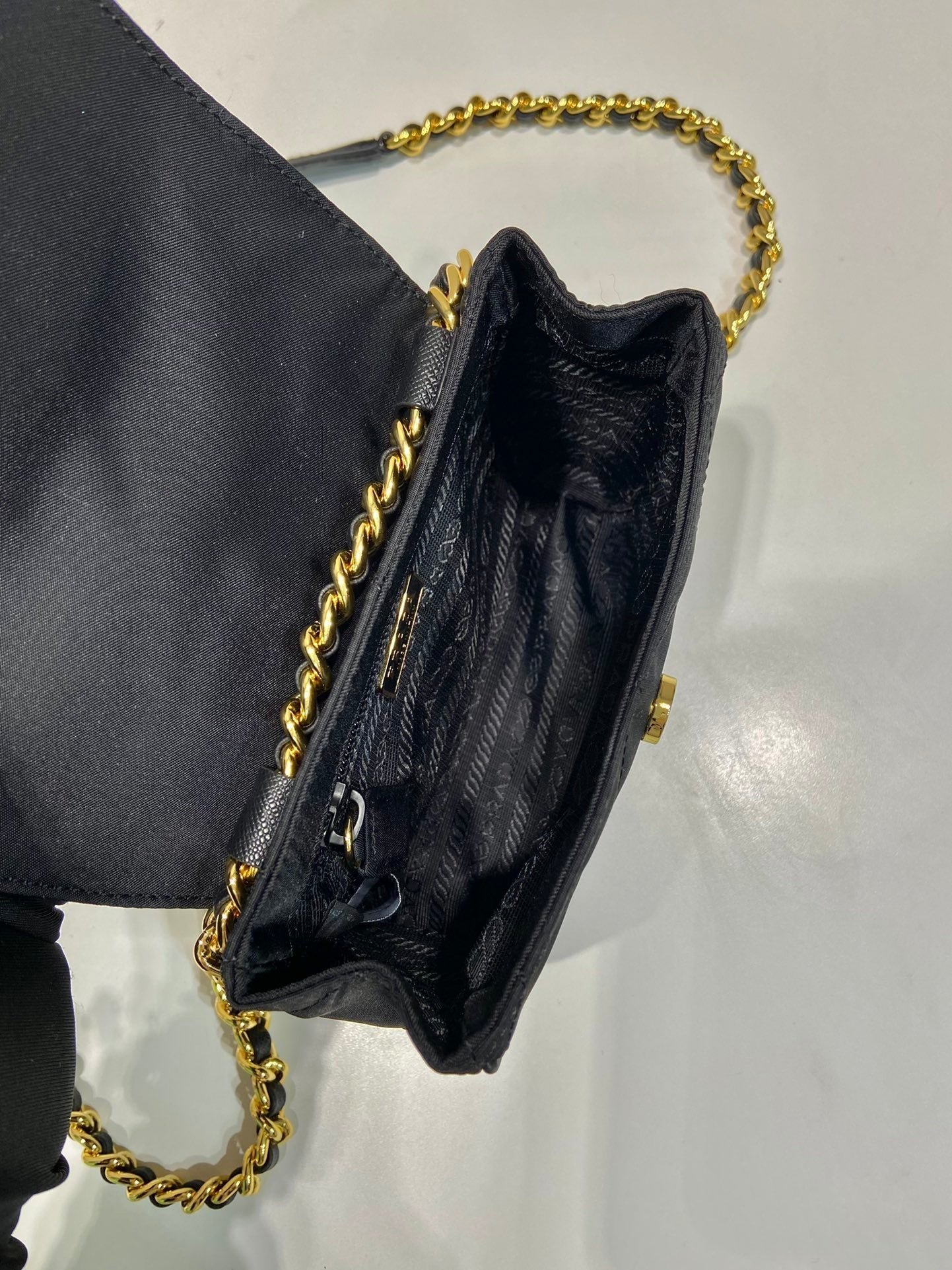 {Style No: 9JTD615K} MINI QUILTED FLAP BAG 14 IN BLACK RE-NYLON FABRIC GOLD CHAIN - Image 5