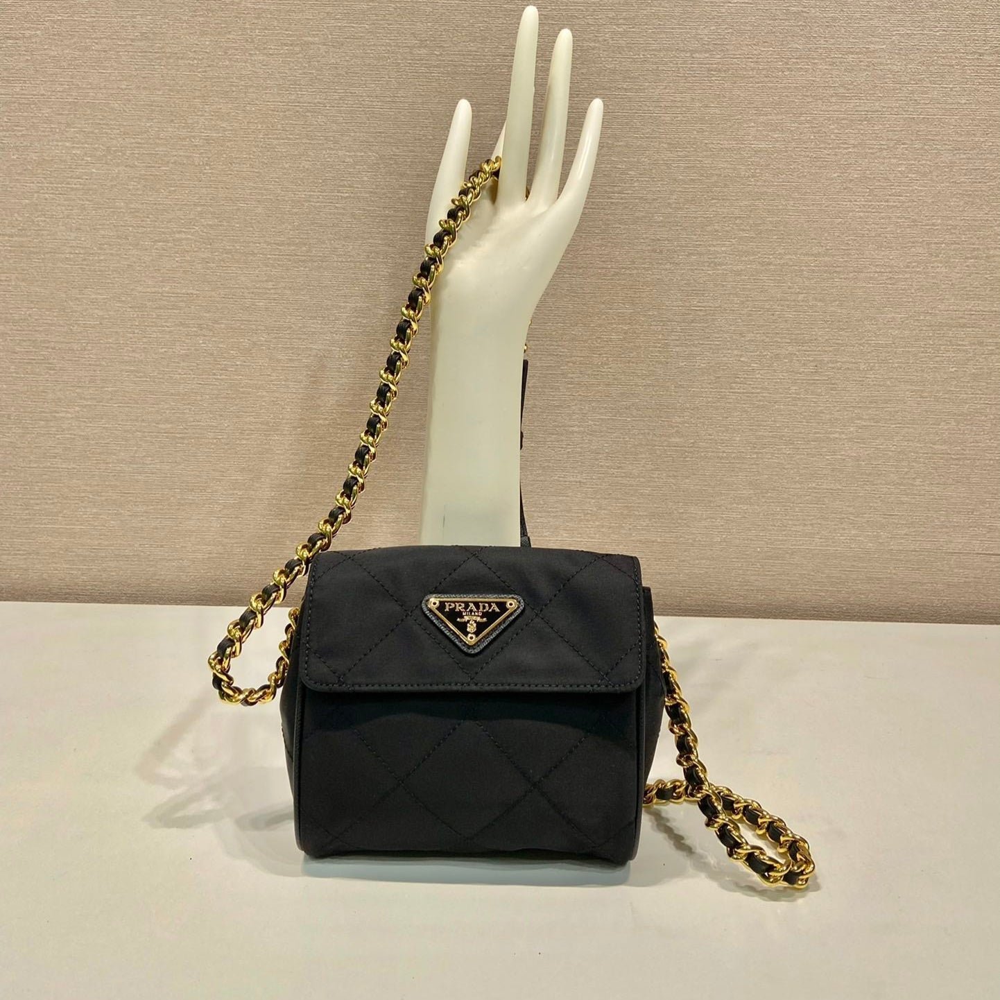 {Style No: 9JTD615K} MINI QUILTED FLAP BAG 14 IN BLACK RE-NYLON FABRIC GOLD CHAIN