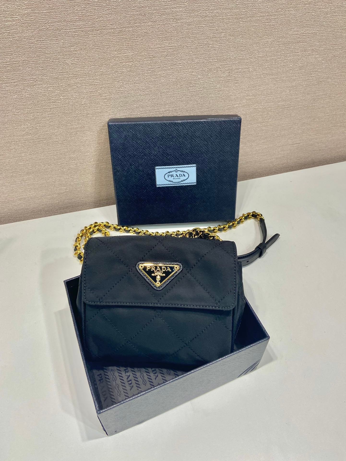 {Style No: 9JTD615K} MINI QUILTED FLAP BAG 14 IN BLACK RE-NYLON FABRIC GOLD CHAIN - Image 6