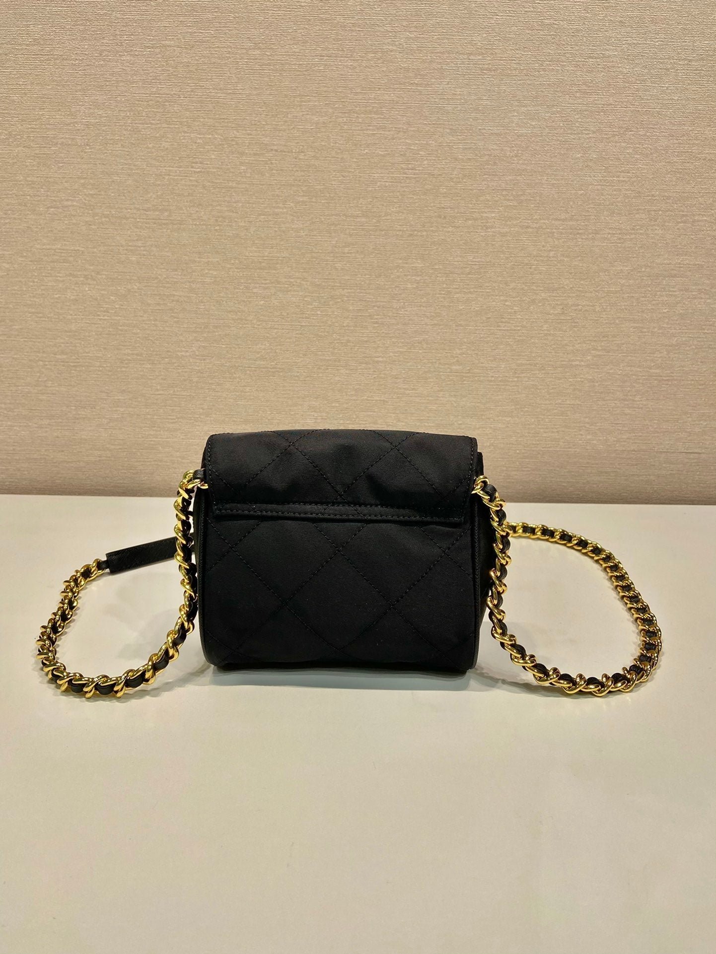 {Style No: 9JTD615K} MINI QUILTED FLAP BAG 14 IN BLACK RE-NYLON FABRIC GOLD CHAIN - Image 7
