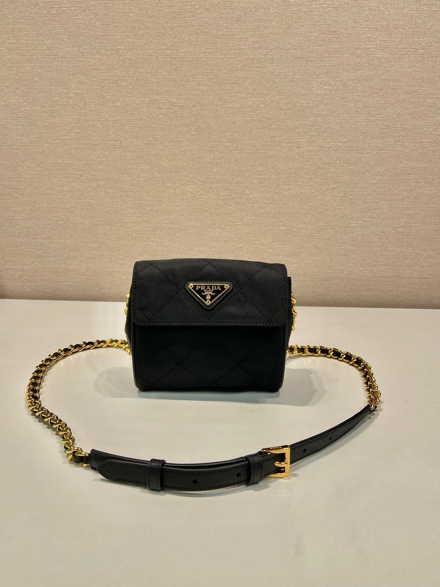 {Style No: 9JTD615K} MINI QUILTED FLAP BAG 14 IN BLACK RE-NYLON FABRIC GOLD CHAIN - Image 3