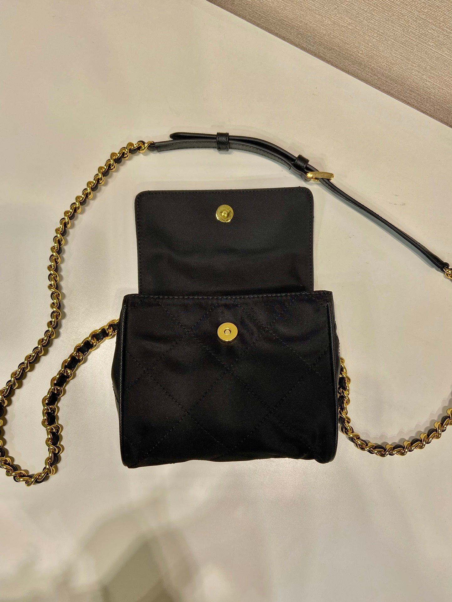 {Style No: 9JTD615K} MINI QUILTED FLAP BAG 14 IN BLACK RE-NYLON FABRIC GOLD CHAIN - Image 9