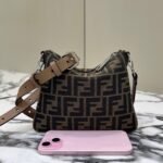 {Style No: EK7Z2QDZ} SHOULDER BAG 19 WITH FF MOTIF IN BROWN JACQUARD FABRIC