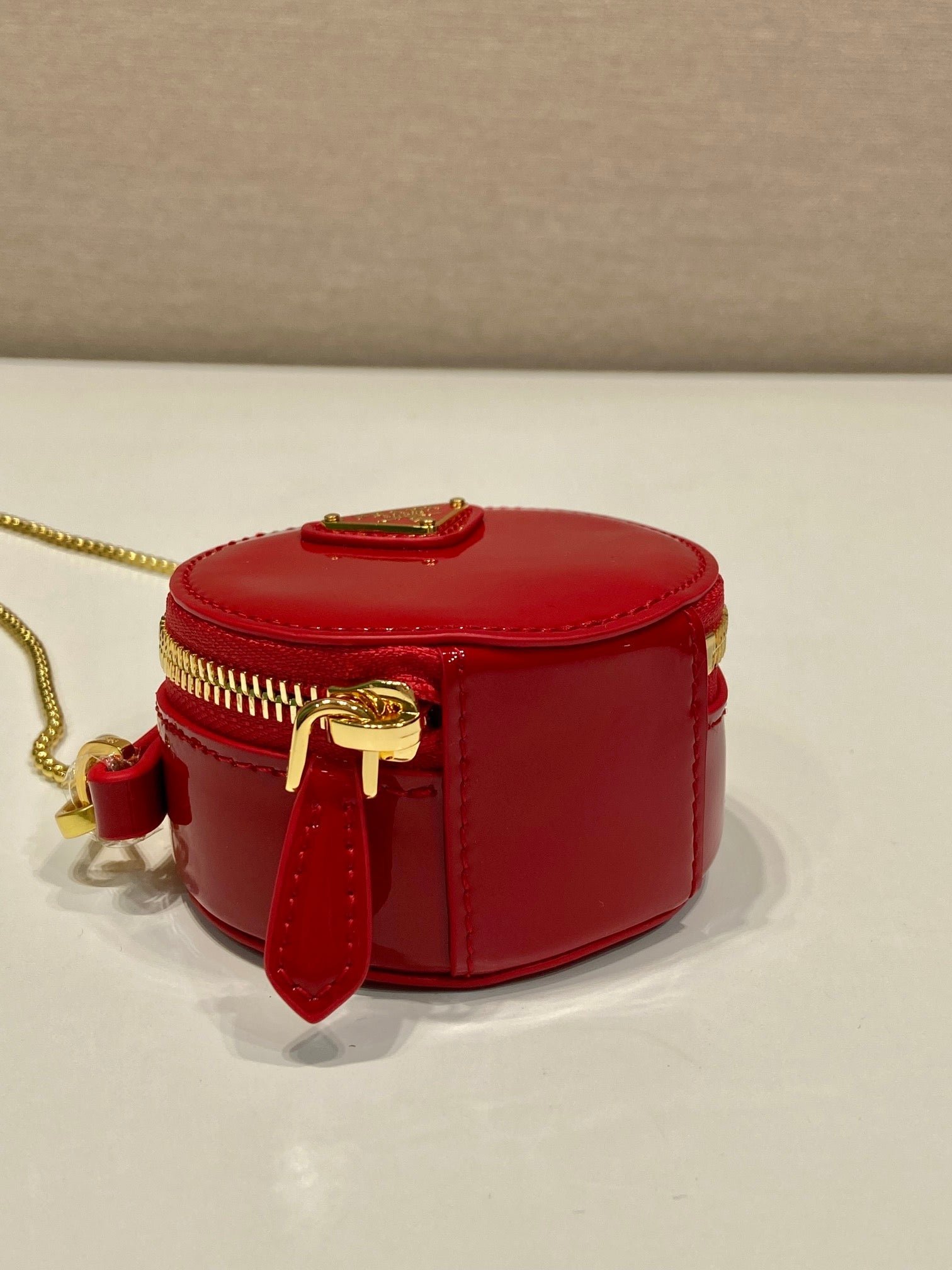 {Style No: BZX24P2Q} MINI ROUND BAG 8 IN RED GLOSSY CALFSKIN GOLD HARDWARE - Image 9