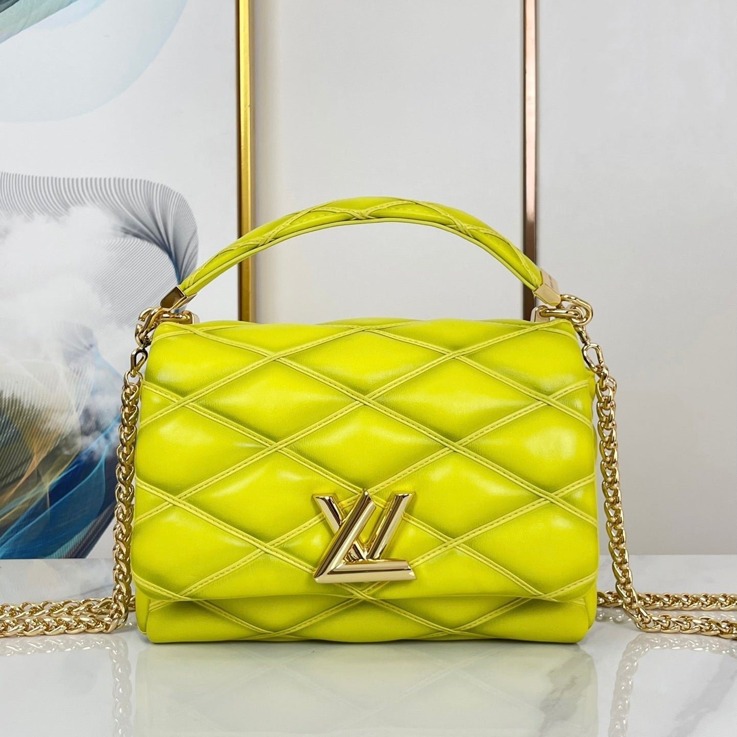 {Style No: JMVMCQJS} GO-14 MM 23 IN LEMON YELLOW QUILTED LAMBSKIN GOLD HARDWARE