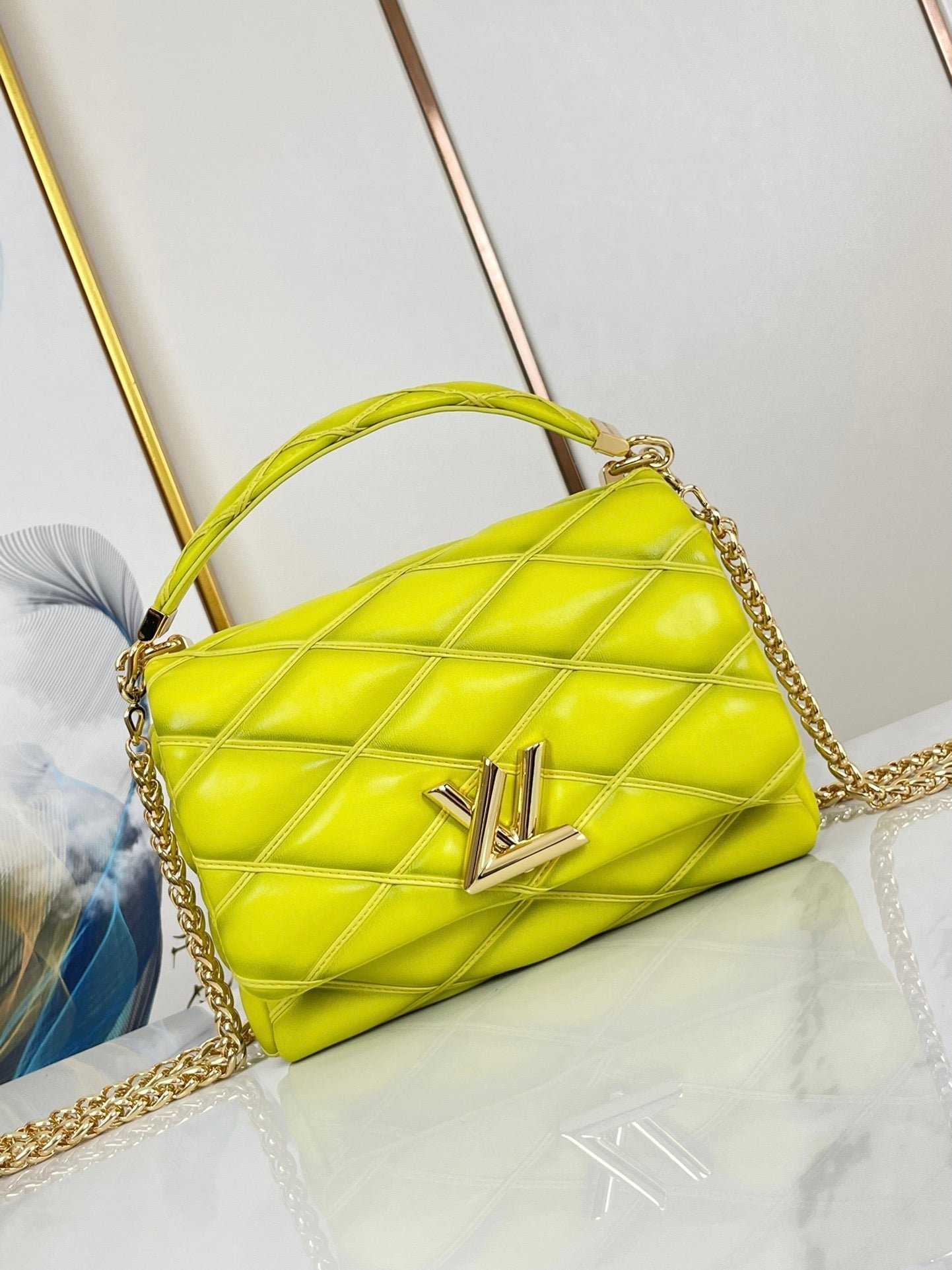 {Style No: JMVMCQJS} GO-14 MM 23 IN LEMON YELLOW QUILTED LAMBSKIN GOLD HARDWARE - Image 5