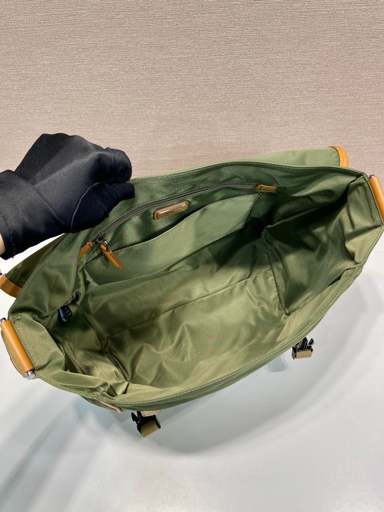 {Style No: 6DBSYOEI} LARGE FLAP BAG 30 IN SEAWEED GREEN RE-NYLON AND BROWN CALFSKIN TRIM - Image 2