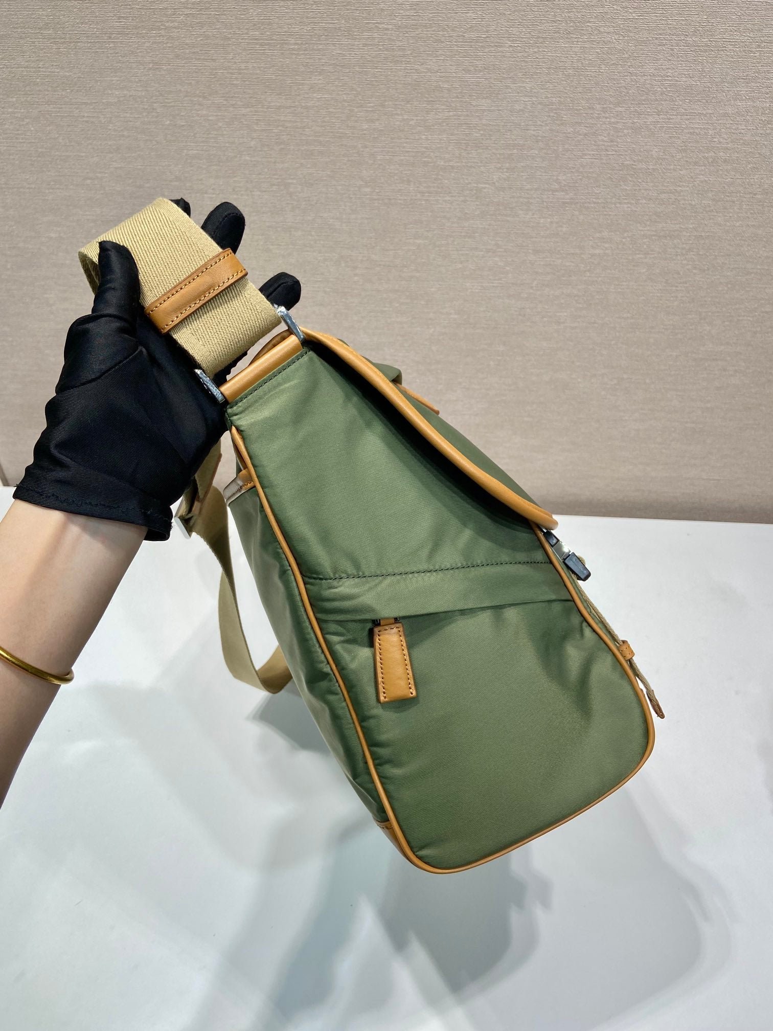{Style No: 6DBSYOEI} LARGE FLAP BAG 30 IN SEAWEED GREEN RE-NYLON AND BROWN CALFSKIN TRIM - Image 6