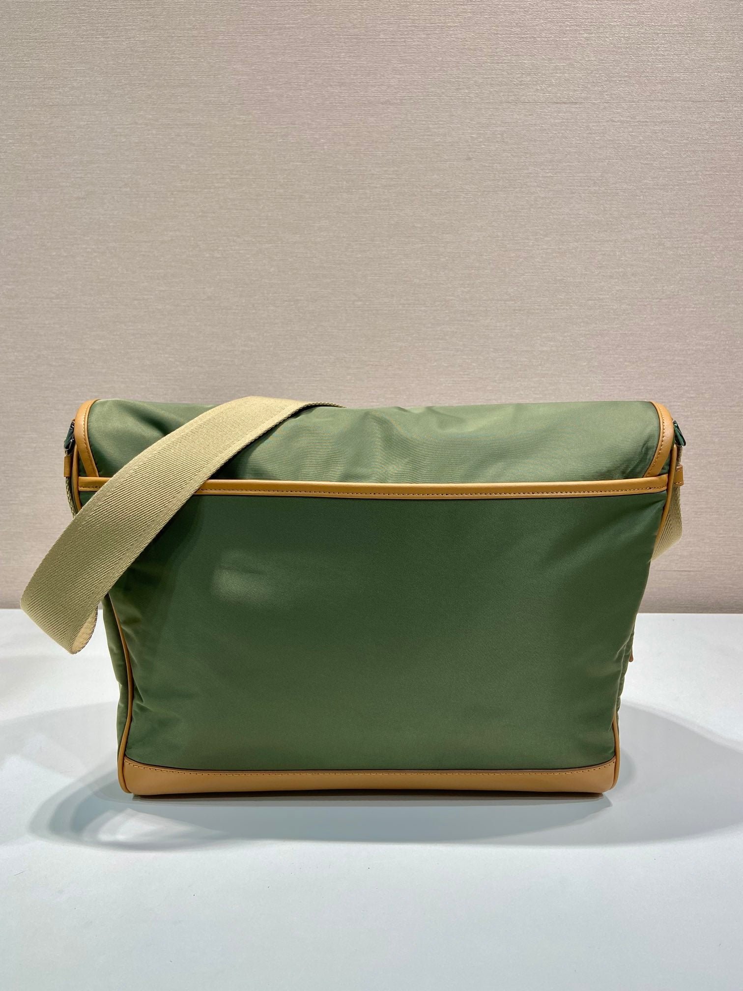 {Style No: 6DBSYOEI} LARGE FLAP BAG 30 IN SEAWEED GREEN RE-NYLON AND BROWN CALFSKIN TRIM - Image 8
