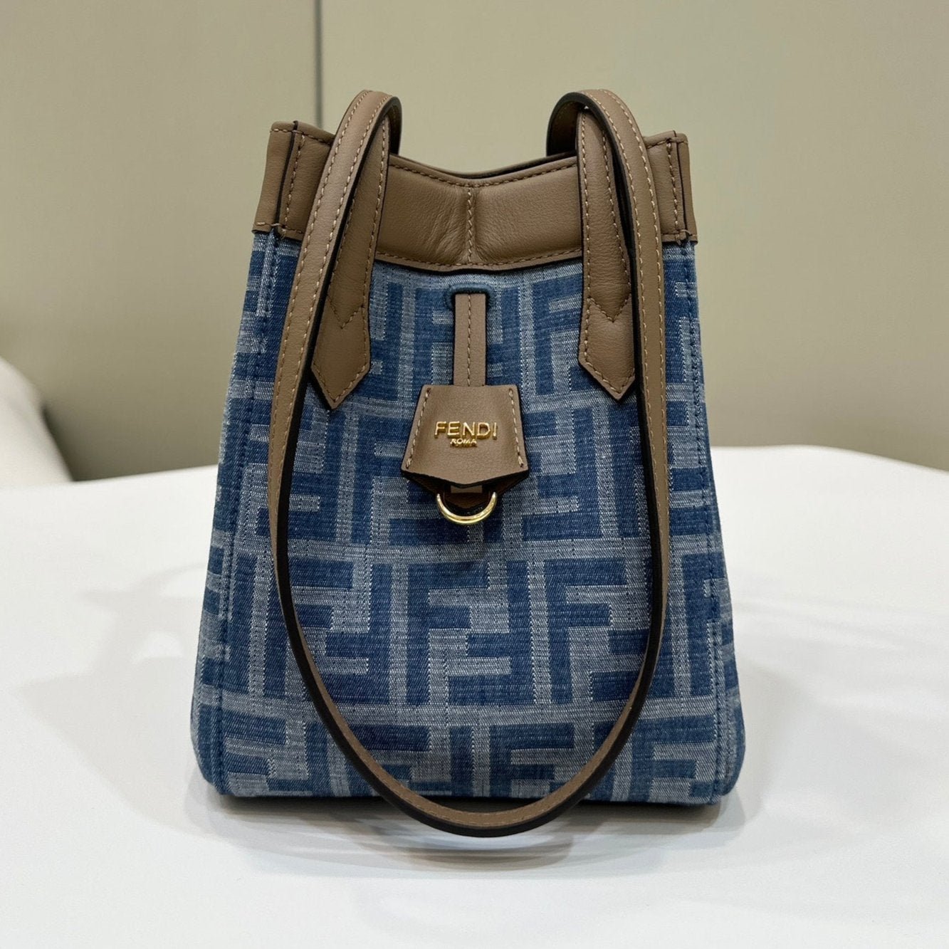 {Style No: W7RZB6PA} FENDI ORIGAMI MINI 19 IN TRUE BLUE MONOGRAM DENIM WITH CALFSKIN STRAP