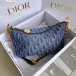 {Style No: AUJS447G} DIORSTAR 28 HOBO BAG WITH CHAIN BLUE DENIM OBLIQUE JACQUARD