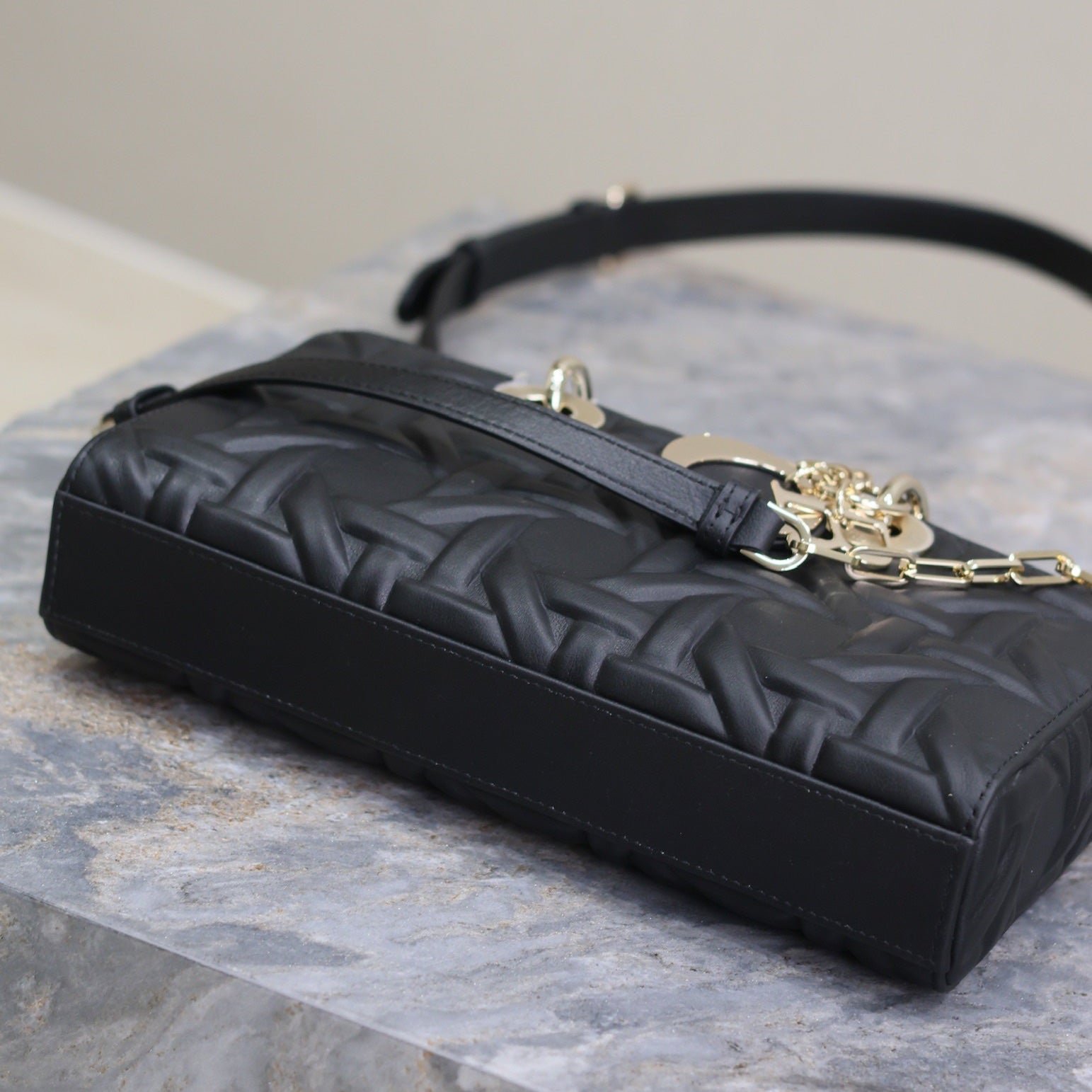 {Style No: GV5A6ZSA} LADY D-JOY BAG 26 IN BLACK GRAPHIC CANNAGE CALFSKIN PALE GOLD-FINISH METAL CHARMS - Image 6