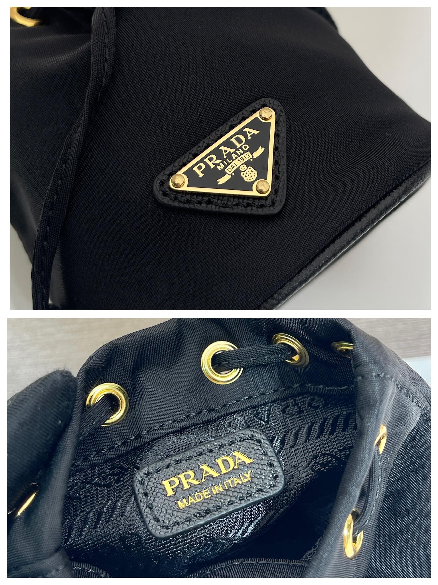 {Style No: QMC1V6OL} MINI BUCKET BAG 10 IN BLACK RE-NYLON AND SAFFIANO LEATHER STRAP - Image 8