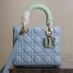 {Style No: PKN4ZKM4} MEDIUM LADY BAG 20 IN BABY BLUE QUILTED MACROCANNAGE CALFSKIN GREEN STRAP