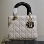 {Style No: CRQ69F9G} LADY BAG 20 IN WHITE QUILTED MACROCANNAGE CALFSKIN BLACK STRAP