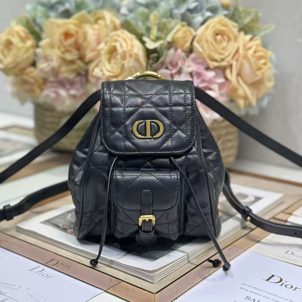{Style No: C8RHK6KS} SMALL CARO BACKPACK 20 IN BLACK MACROCANNAGE LAMBSKIN
