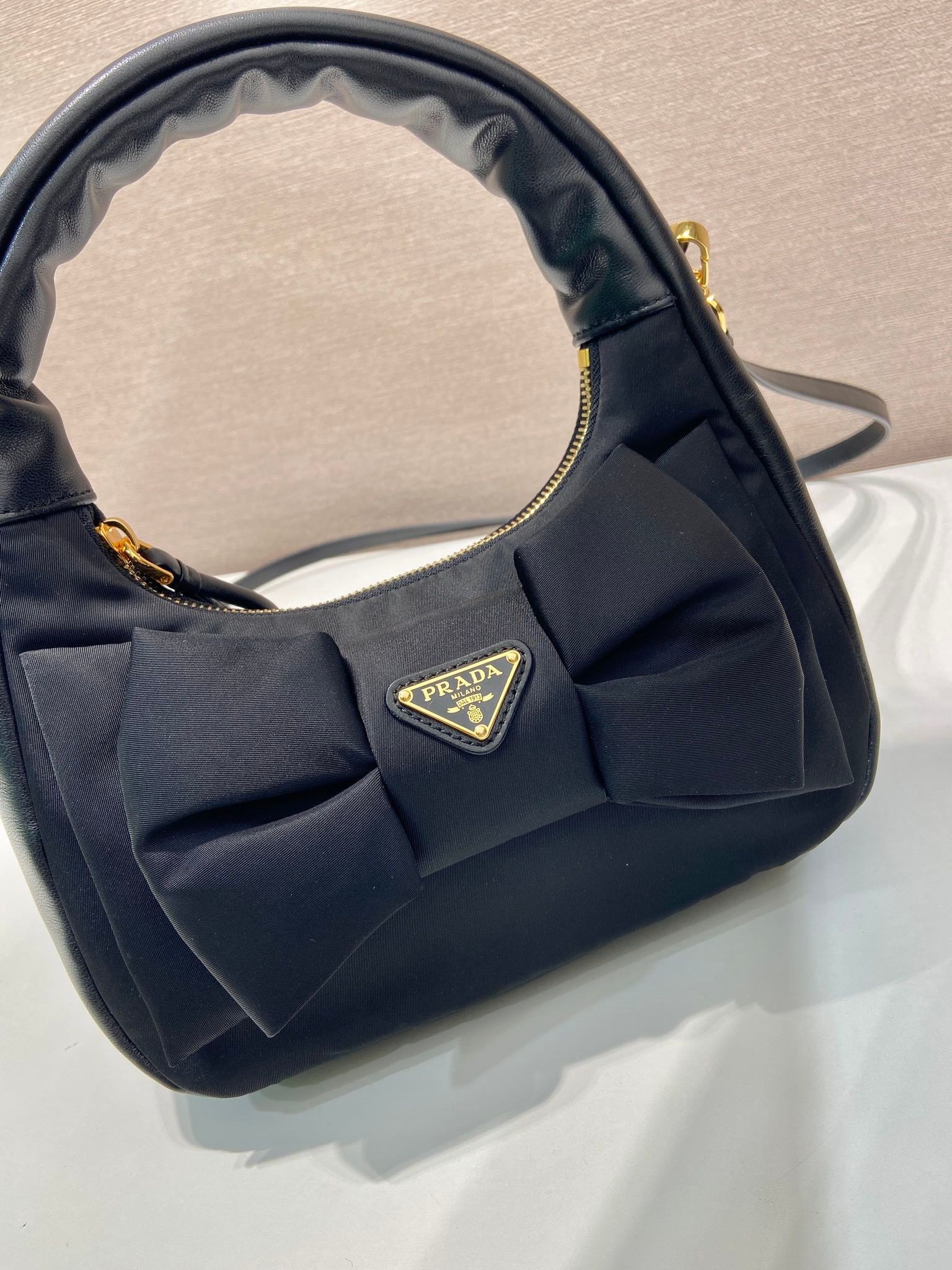 {Style No: RPSGXC5V} BOW HOBO BAG 22 IN BLACK RE-NYLON AND LAMBSKIN - Image 2