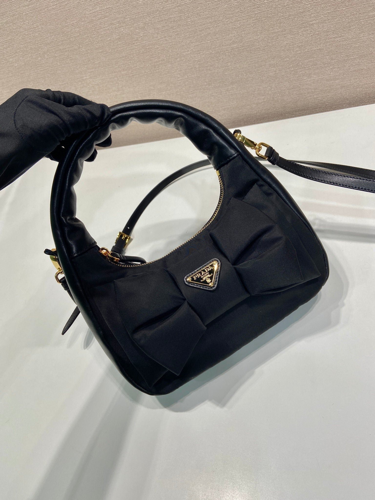 {Style No: RPSGXC5V} BOW HOBO BAG 22 IN BLACK RE-NYLON AND LAMBSKIN - Image 3